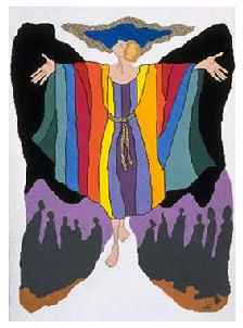 Drawing of Joseph in his many-colored coat standing before his brothers