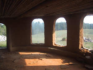 inside the chapel, looking through arched windows