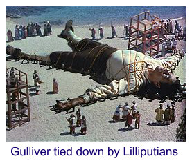 Gulliver tied down by Lilliputians