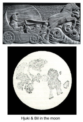 carving of Hjuki and Bil carrying water in the man in the moon's boat, and a picture of the images found in the actual moon
