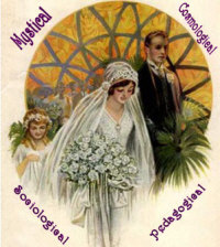 1920s wedding couple surrounded by the words 'mystical, cosmological, sociological, adn pedagogical'