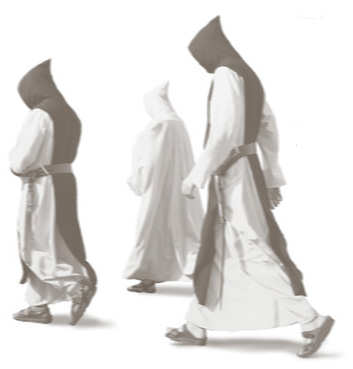 hooded monks walking