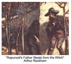 Rapunzel's father steals from the witch as depicted by Arthur Rackham
